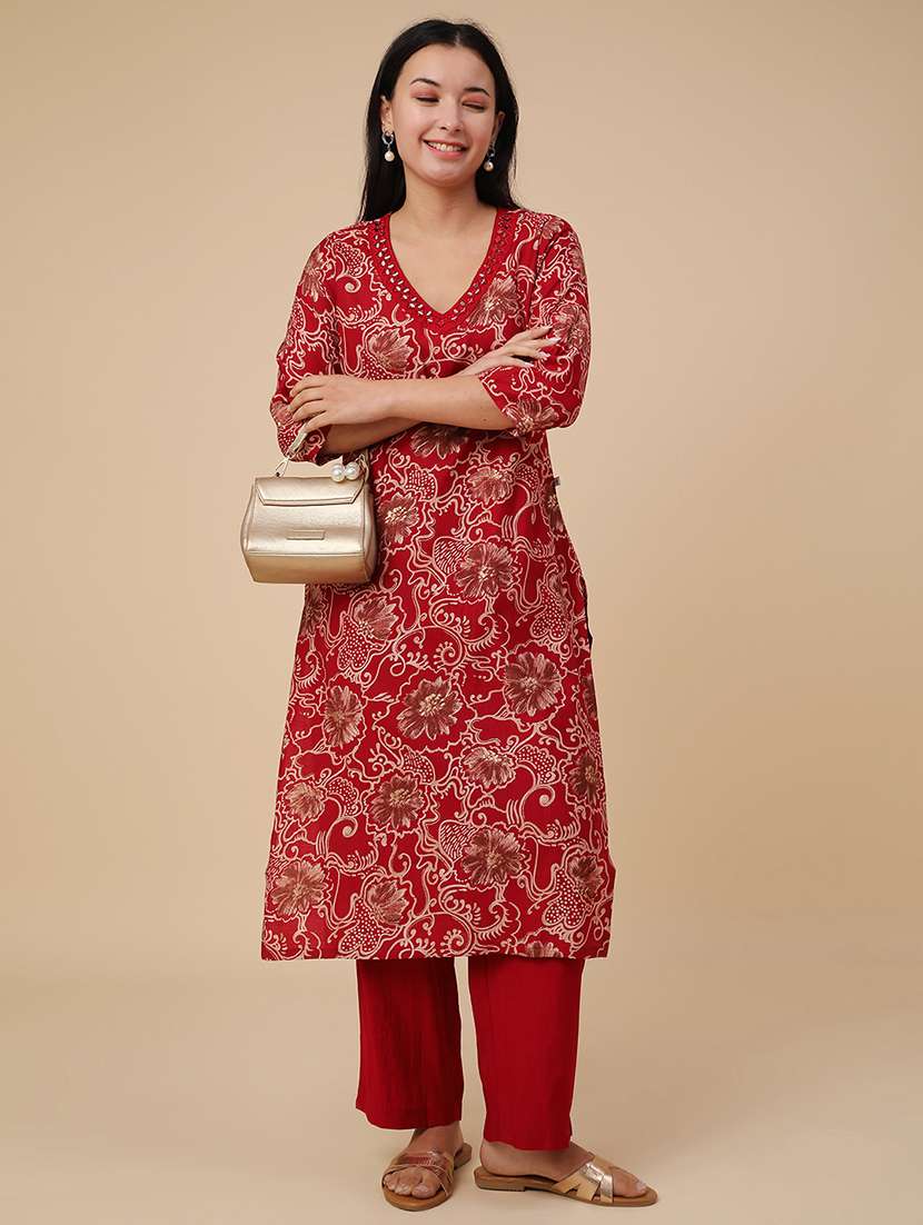 maroon cotton kurta pant  set