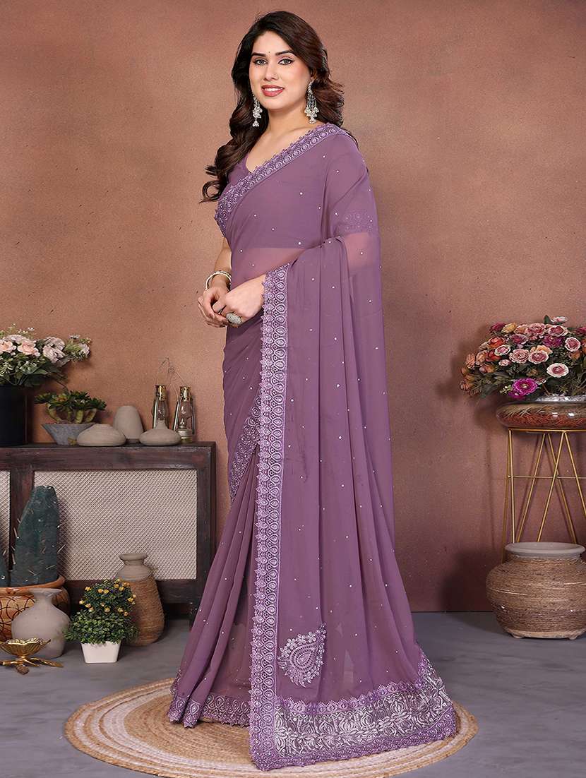 women solid with work embellished saree with blouse - 22287493 -  Standard Image - 1