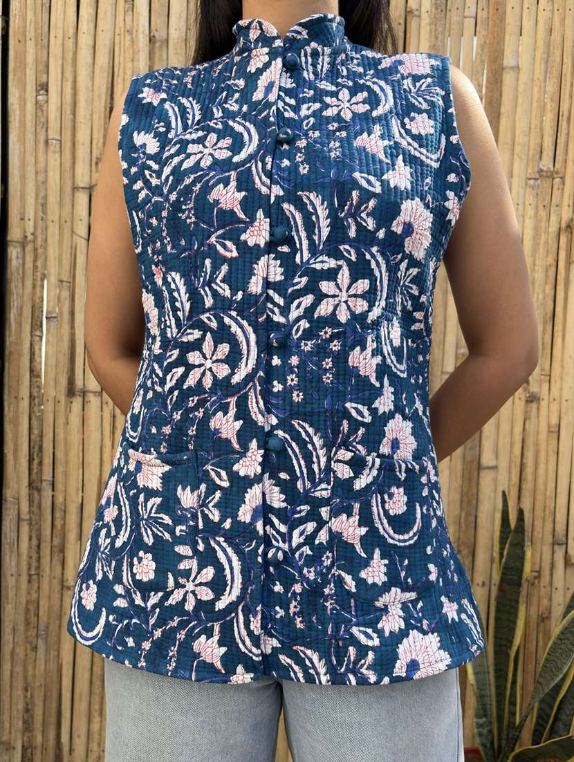 women printed mandarin neck sleeveless jacket - 22287688 -  Standard Image - 4