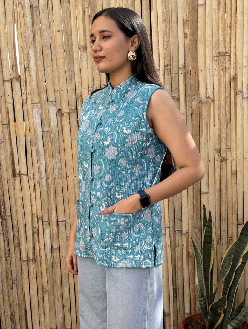 women printed mandarin neck sleeveless jacket - 22287689 -  Standard Image - 1