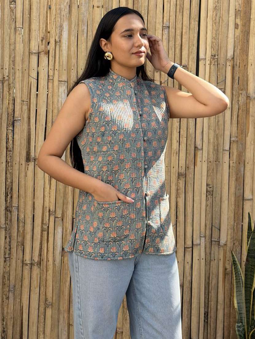 women printed mandarin neck sleeveless jacket - 22287690 -  Standard Image - 1