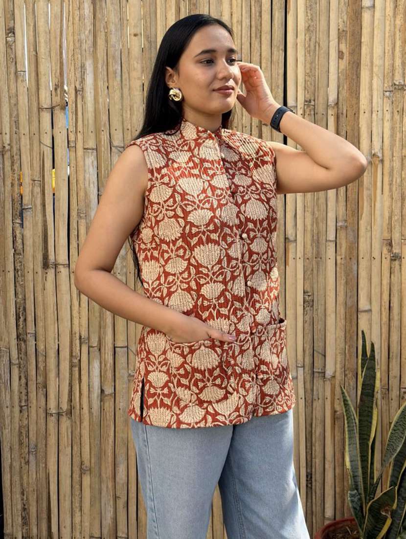 women printed mandarin neck sleeveless jacket - 22287691 -  Standard Image - 1