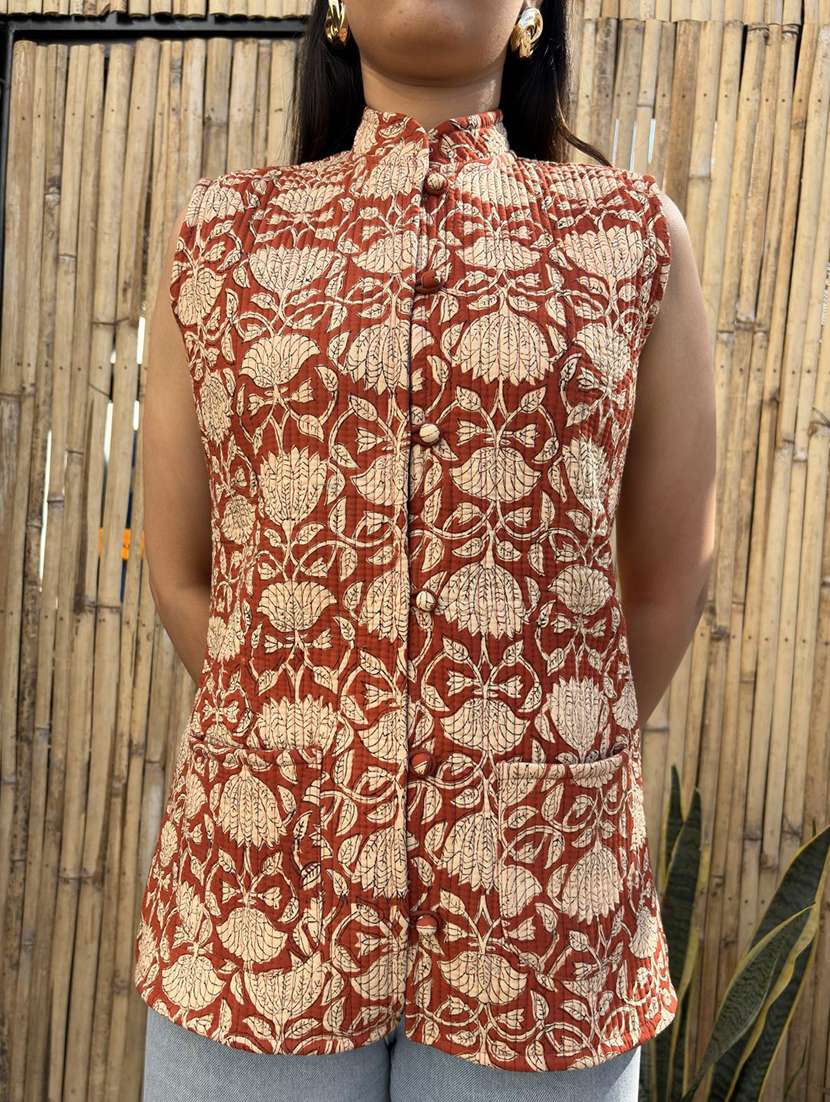 women printed mandarin neck sleeveless jacket - 22287691 -  Standard Image - 4