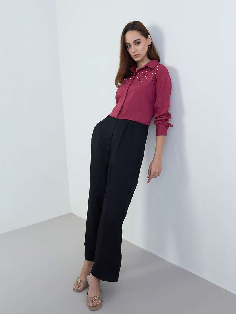 women solid high rise wide leg trouser - 22287777 -  Standard Image - 4