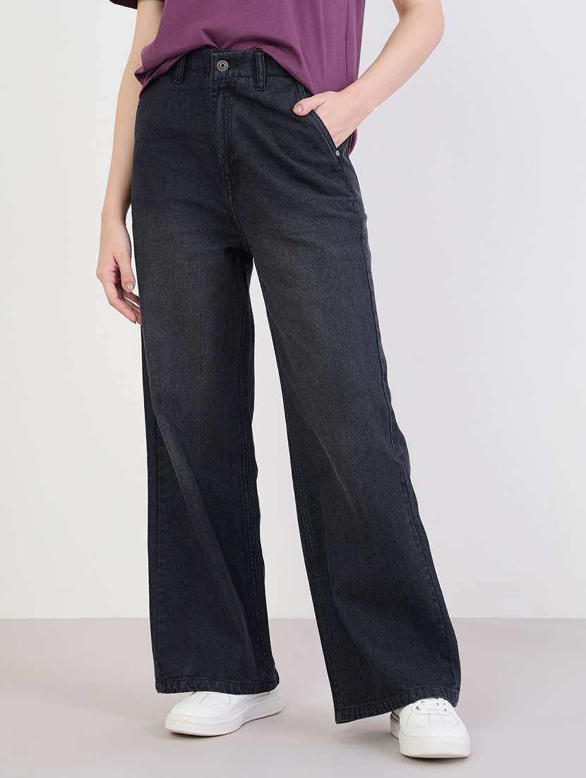 women solid high rise wide leg jean