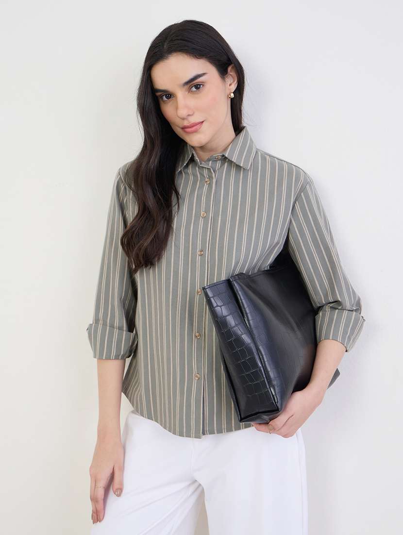 women striped collared long sleeve regular shirt - 22287791 -  Standard Image - 1