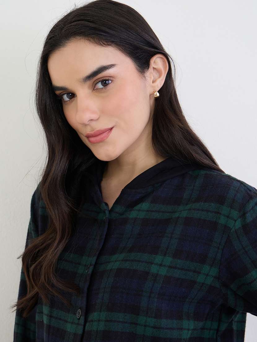 women checkered hooded long sleeve shirt - 22287793 -  Standard Image - 1