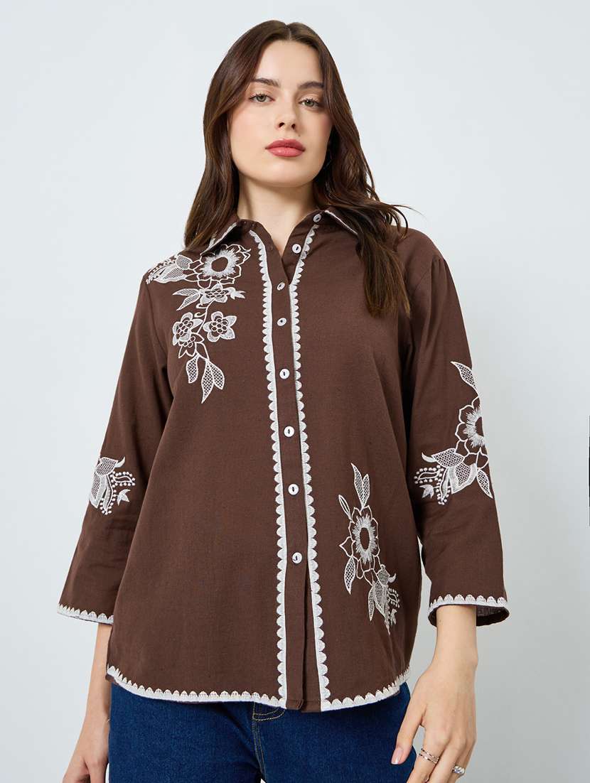 women embroidered collared long sleeve shirt