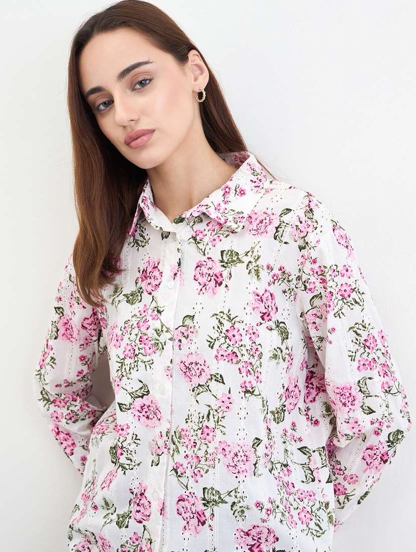women floral print collared long sleeve shirt