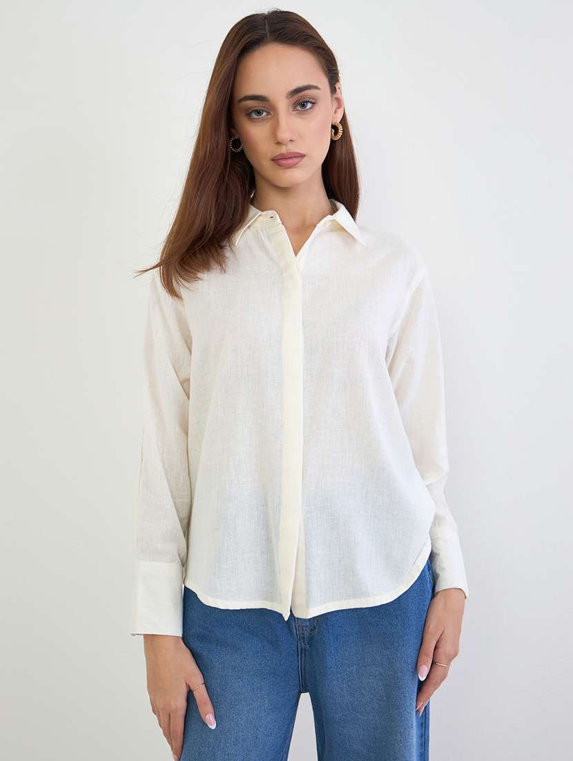 women solid collared long sleeve shirt