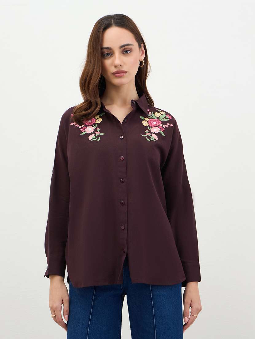 women embroidered collared long sleeve shirt - 22287800 -  Standard Image - 1