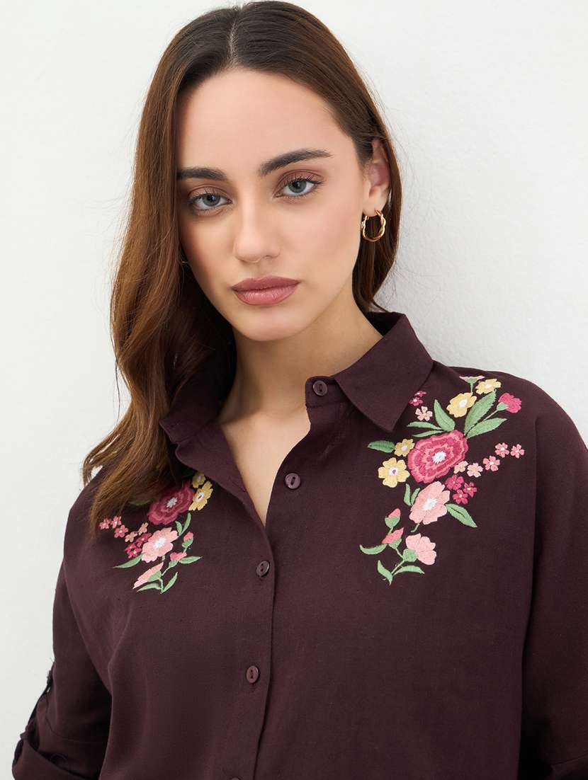 women embroidered collared long sleeve shirt - 22287800 -  Standard Image - 4