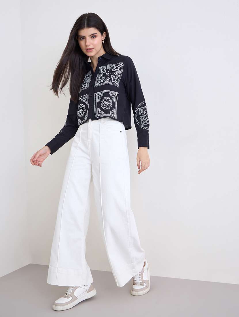 women embroidered collared long sleeve crop shirt - 22287803 -  Standard Image - 4