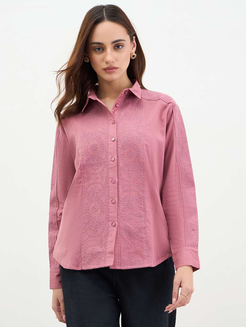 women self designed collared long sleeve shirt
