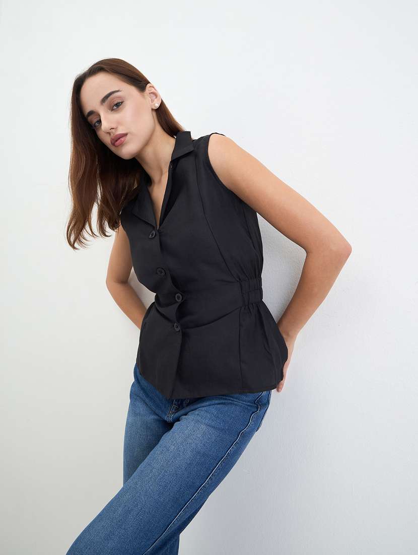women solid lapel collar sleeveless shirt - 22287808 -  Standard Image - 1