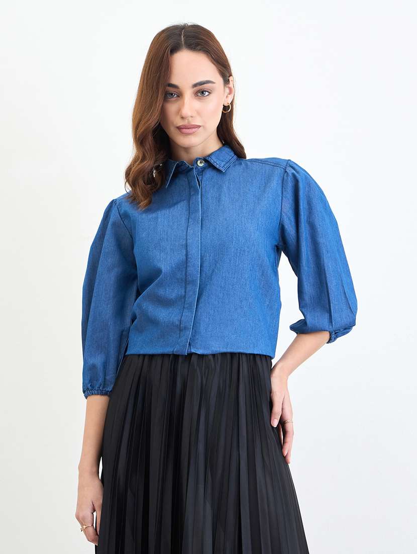 women solid collared puff sleeve shirt - 22287810 -  Standard Image - 1