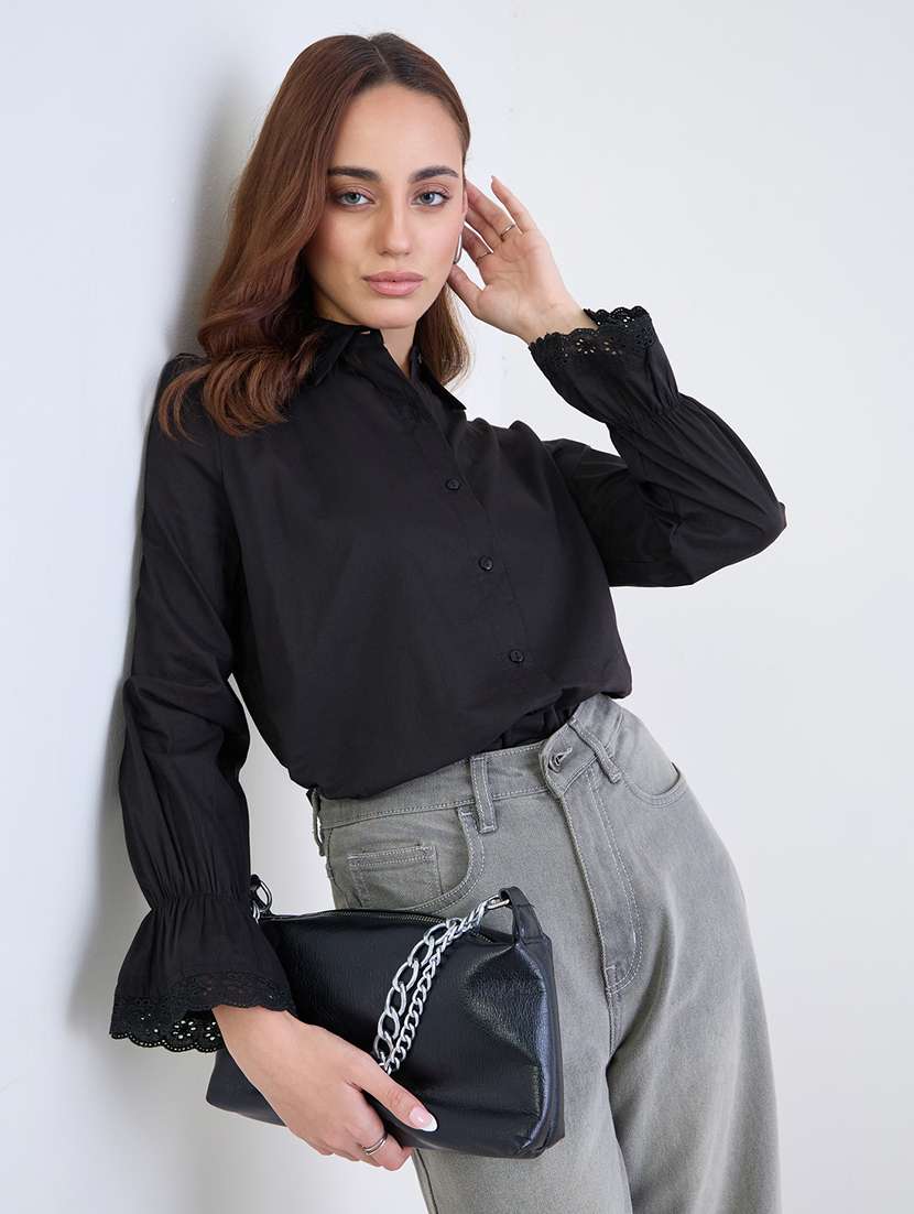 women self designed collared long sleeve shirt