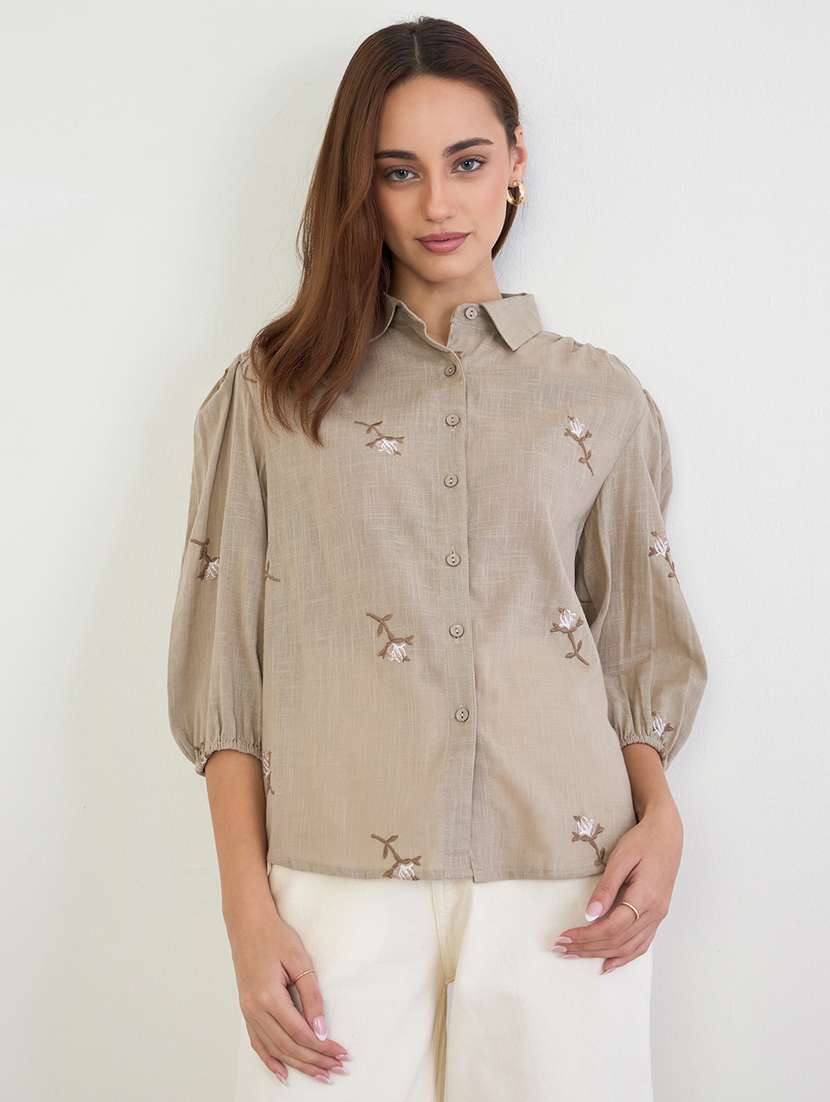women embroidered collared puff sleeve shirt - 22287814 -  Standard Image - 1