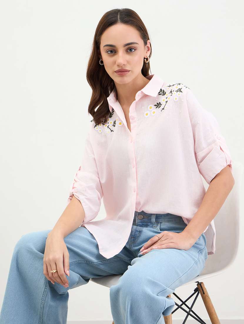 women embridered collared long sleeve shirt