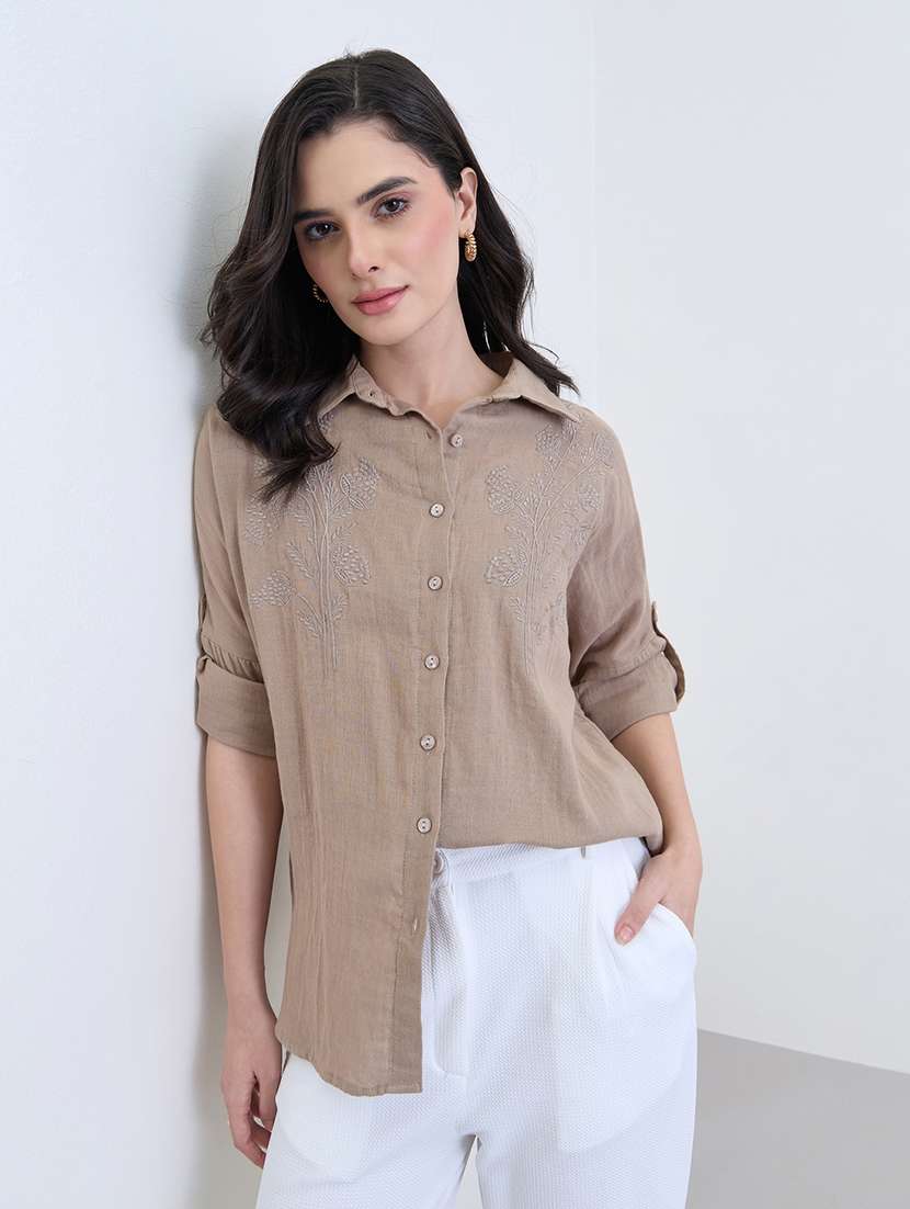 women embroidered collared oversized shirt - 22287821 -  Standard Image - 1