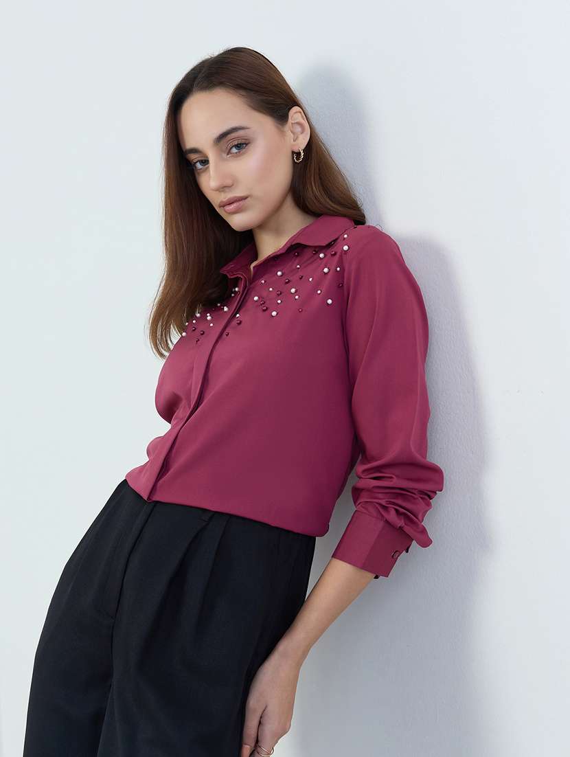 women embellished collared long sleeve shirt - 22287823 -  Standard Image - 1