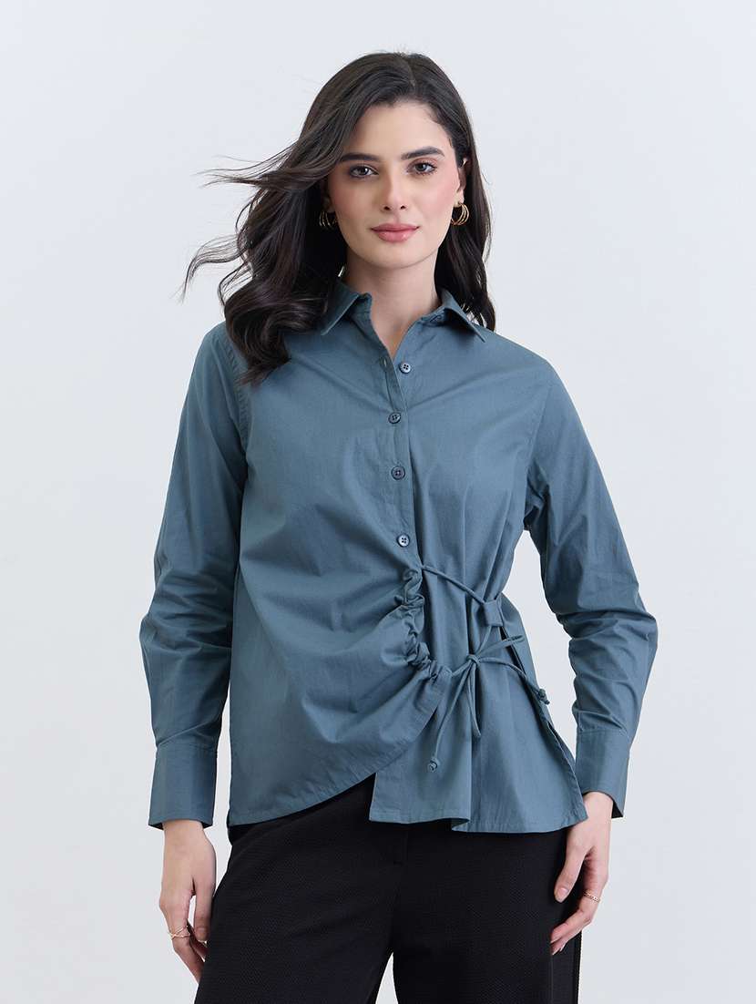 women solid collared long sleeve shirt
