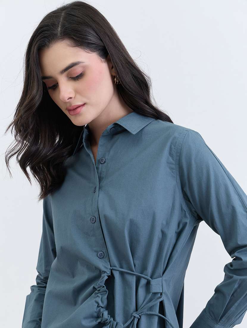 women solid collared long sleeve shirt - 22287826 -  Standard Image - 4