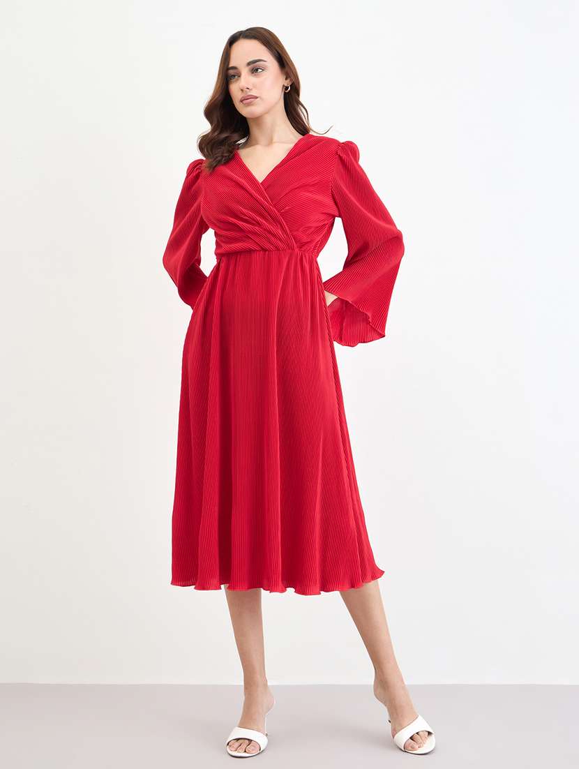 women solid puff sleeve fit & flare dress