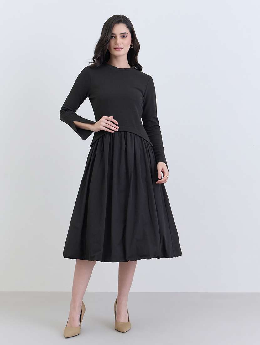 women black solid long sleeve fit & flared dress