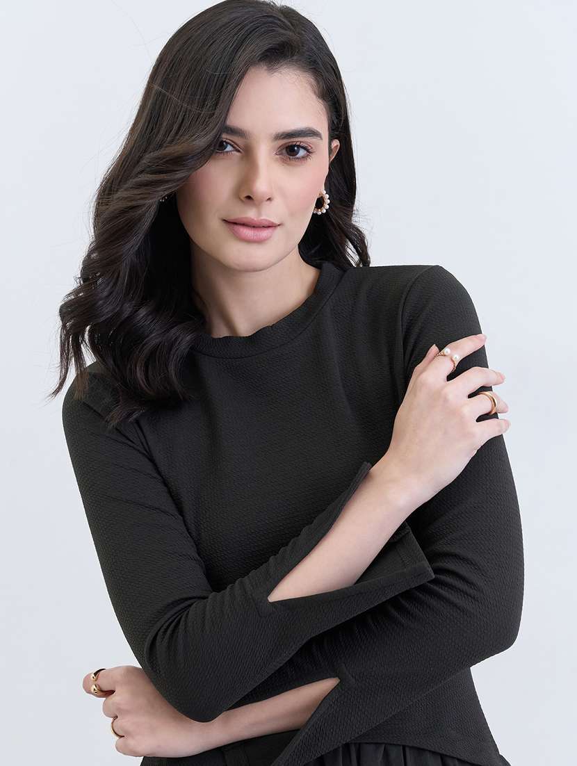 women black solid long sleeve fit & flared dress - 22287831 -  Standard Image - 1