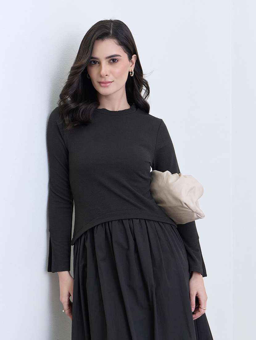 women black solid long sleeve fit & flared dress - 22287831 -  Standard Image - 4