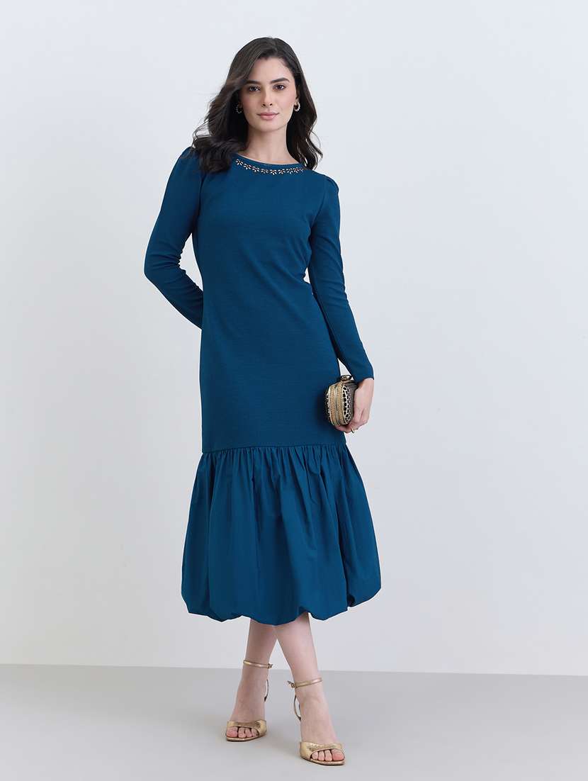 women solid puff sleeve ballon dress