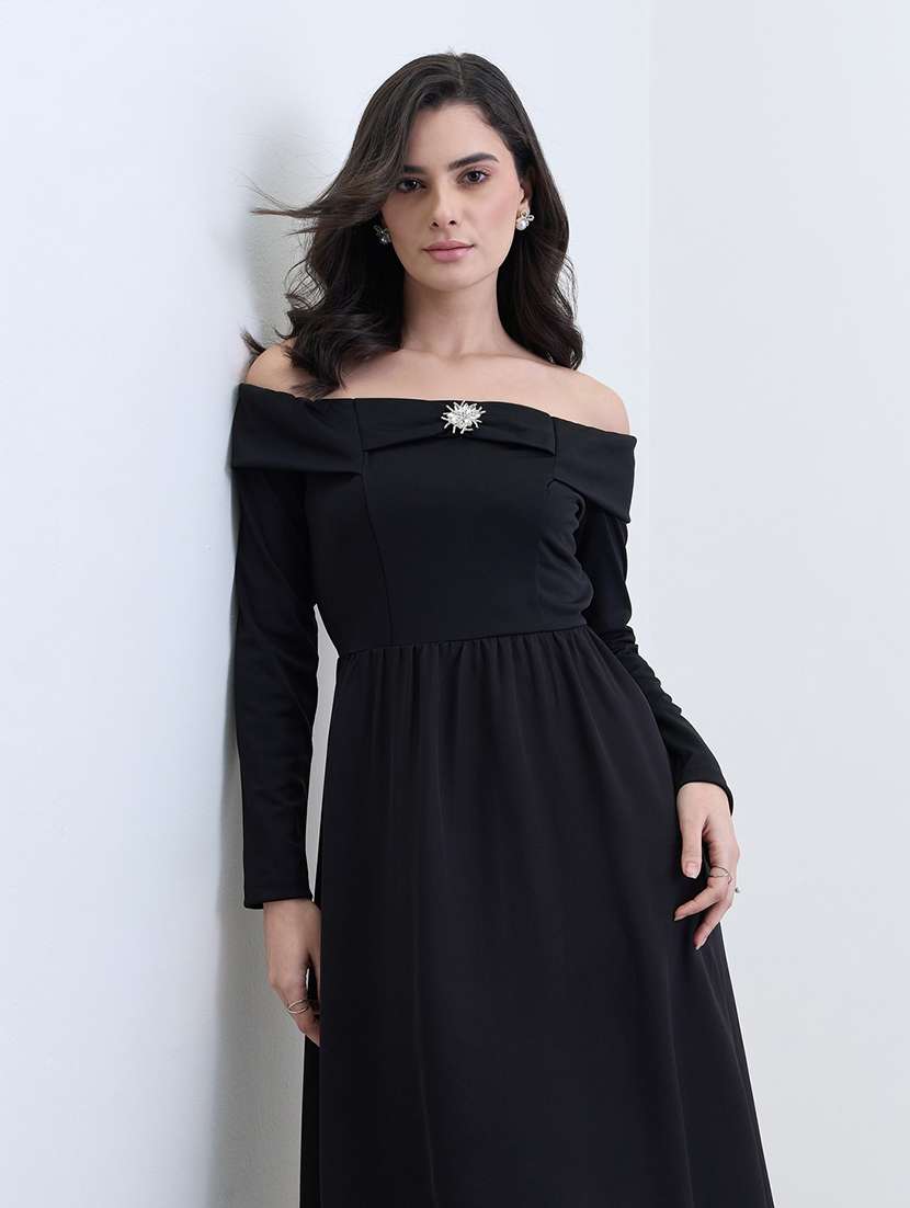 women solid off shoulder long sleeve flared dress - 22287836 -  Standard Image - 1