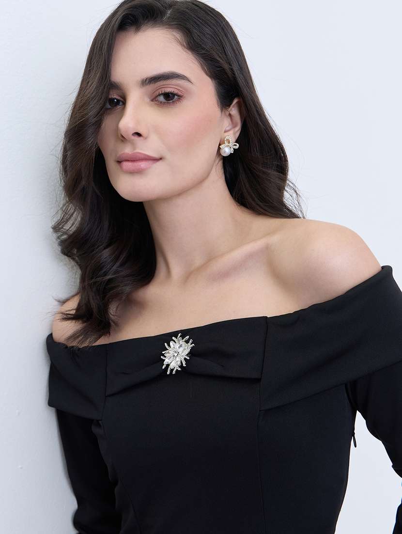 women solid off shoulder long sleeve flared dress - 22287836 -  Standard Image - 4