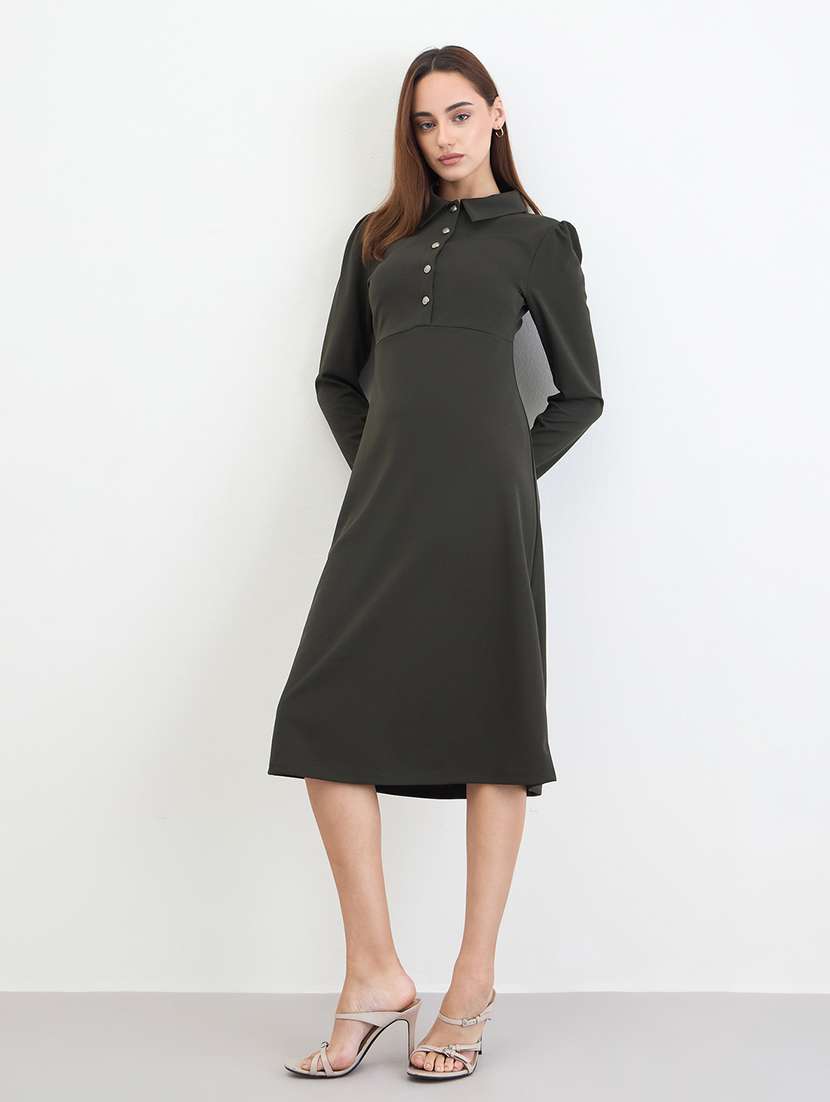women solid collared puff sleeve a-line dress