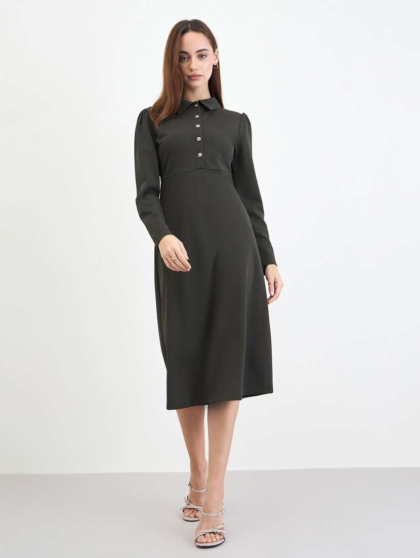 women solid collared puff sleeve a-line dress - 22287838 -  Standard Image - 1