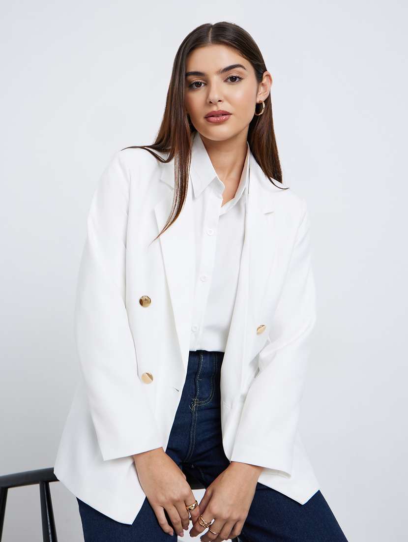 women solid long sleeve double breasted blazer