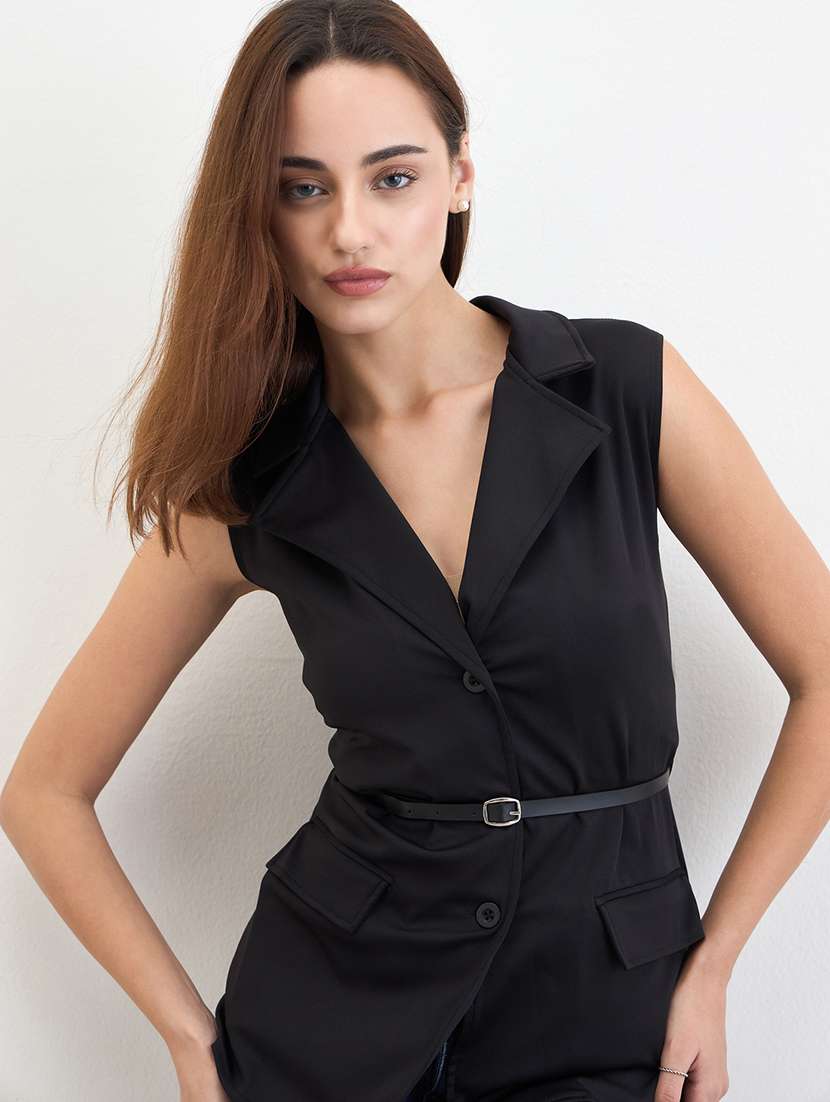 women solid lapell collar sleeveless vest top - 22287862 -  Standard Image - 1