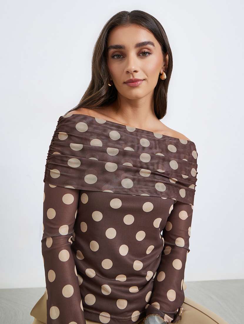 women polka doted off shoulder long sleeve  top - 22287866 -  Standard Image - 1