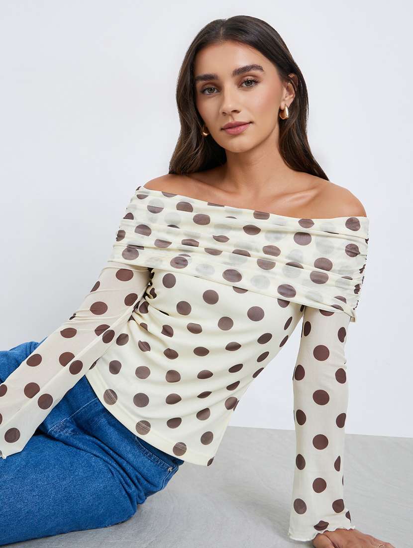 women polka doted off shoulder long sleeve top - 22287867 -  Standard Image - 1