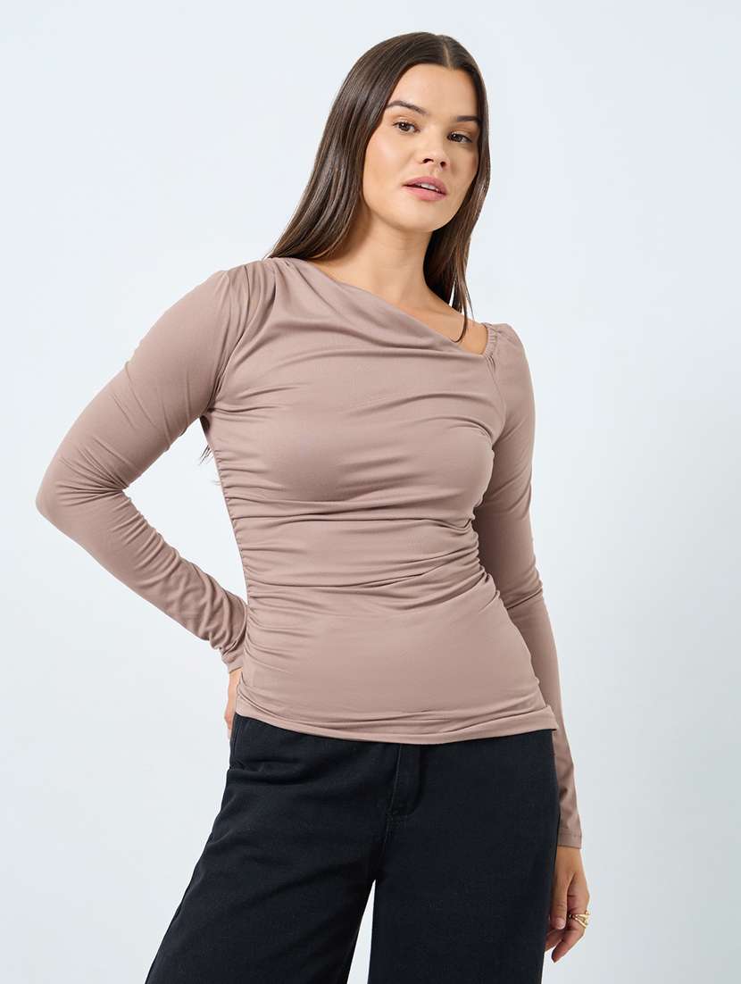 women solid long sleeve ruched top