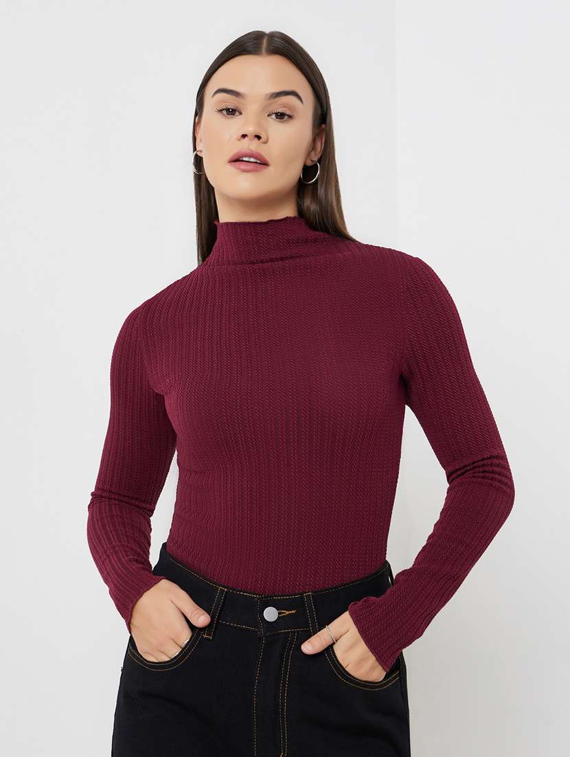 women solid high neck long sleeve top