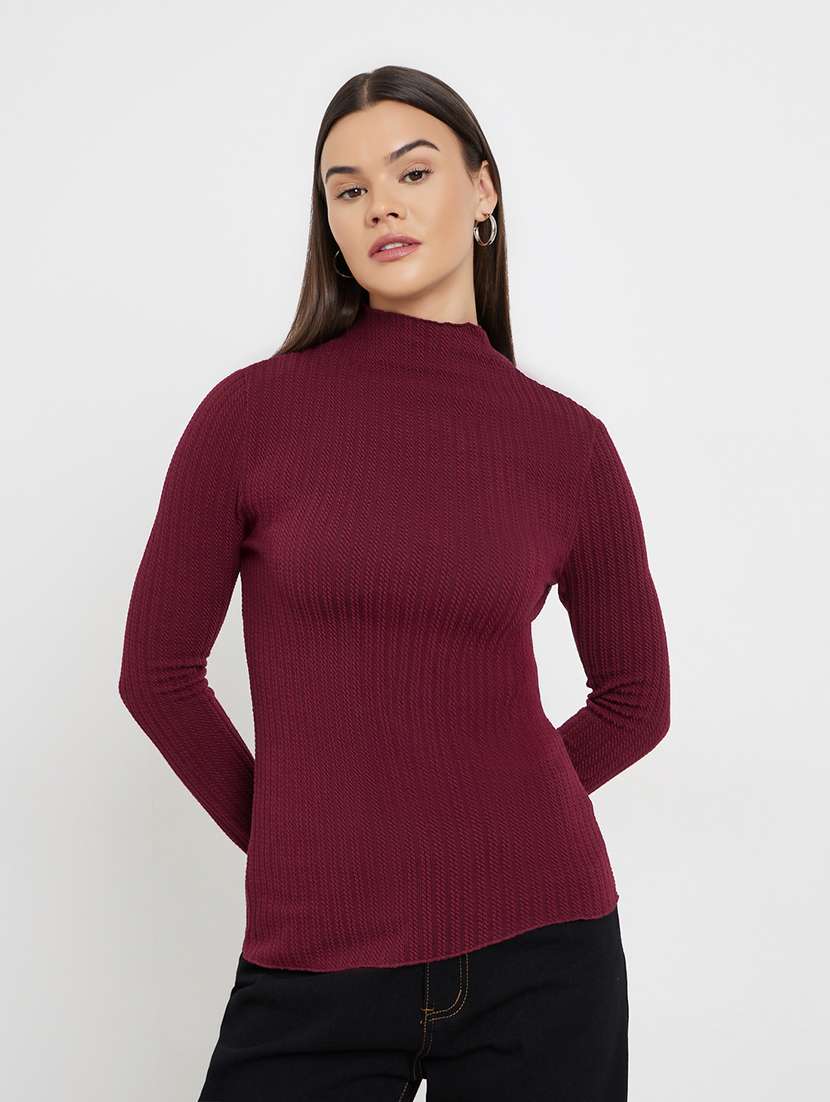 women solid high neck long sleeve top - 22287874 -  Standard Image - 1