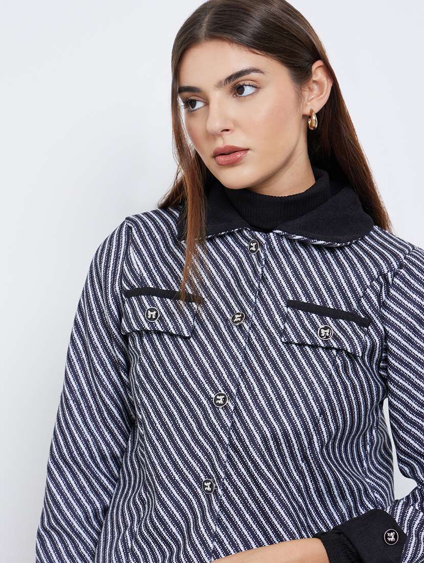 women striped collared long sleeve regular jacket - 22287885 -  Standard Image - 1