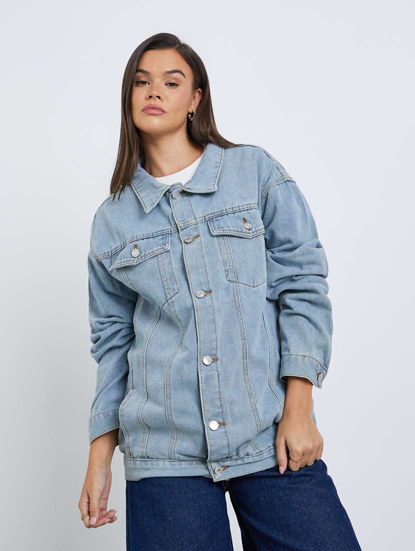 women solid long sleeve oversized denim jacket - 22287890 -  Standard Image - 1