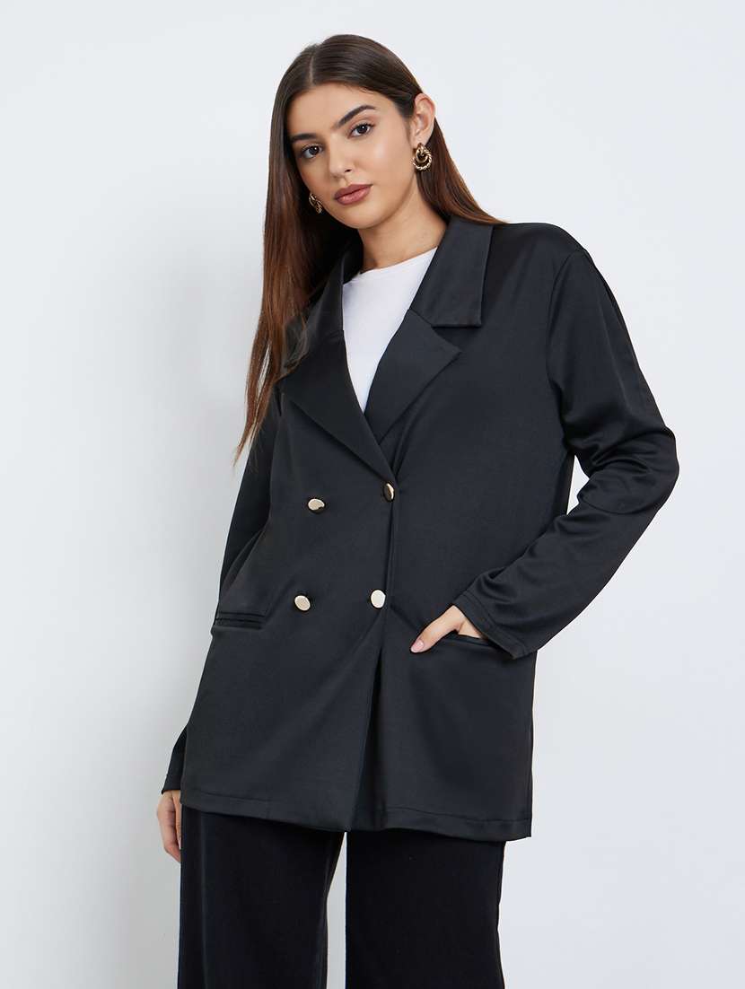 women solid long sleeve double breasted blazer