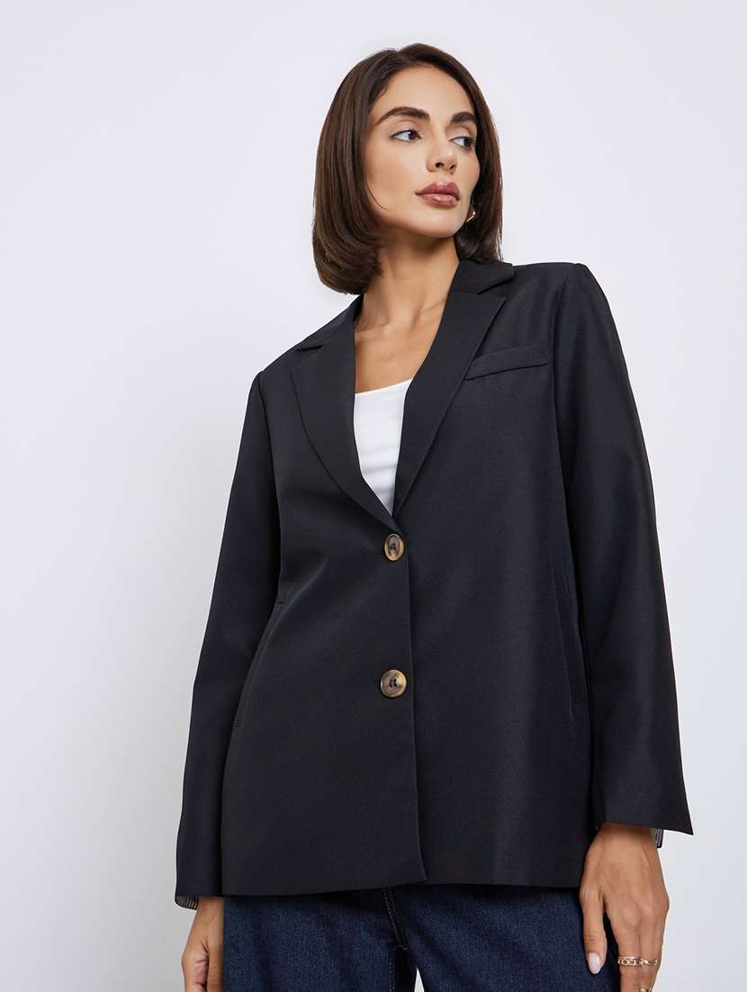 women solid lapel neck long sleeve blazer