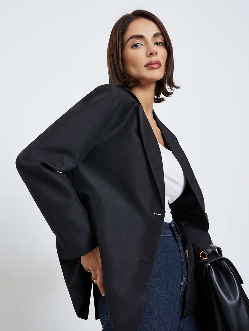 women solid lapel neck long sleeve blazer - 22287972 -  Standard Image - 1