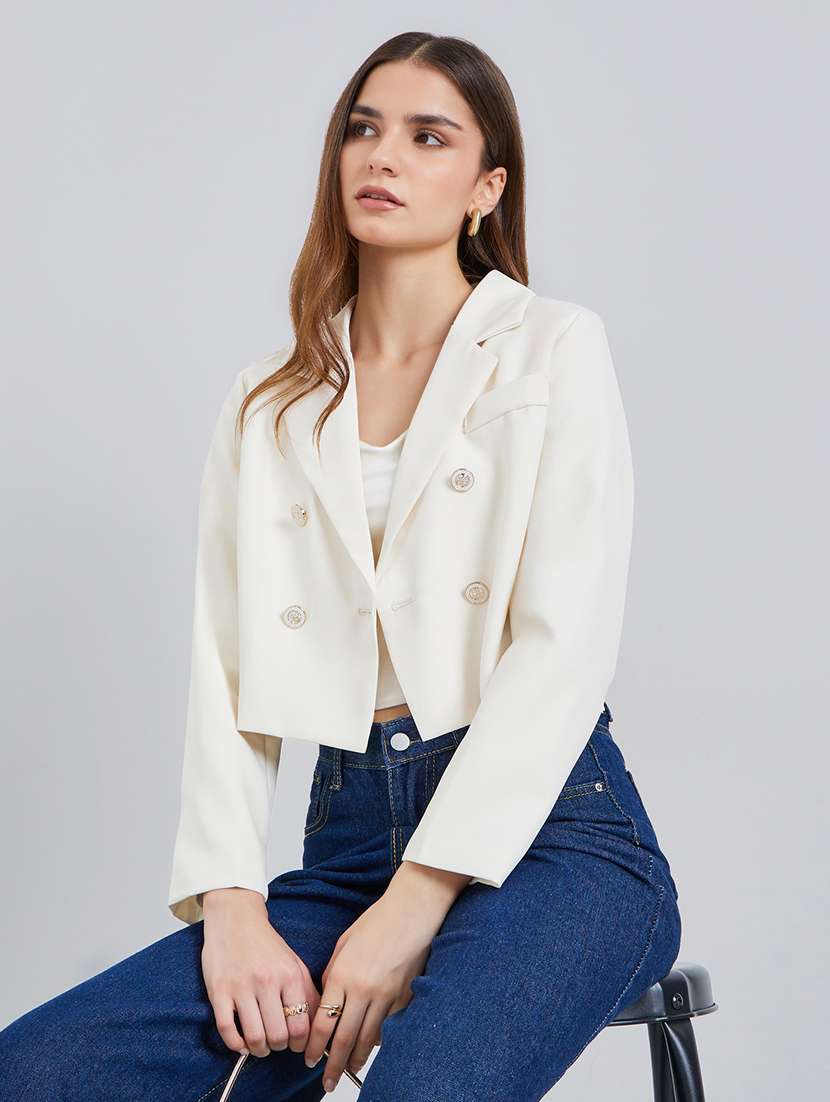 women solid lapel neck long sleeve crop blazer