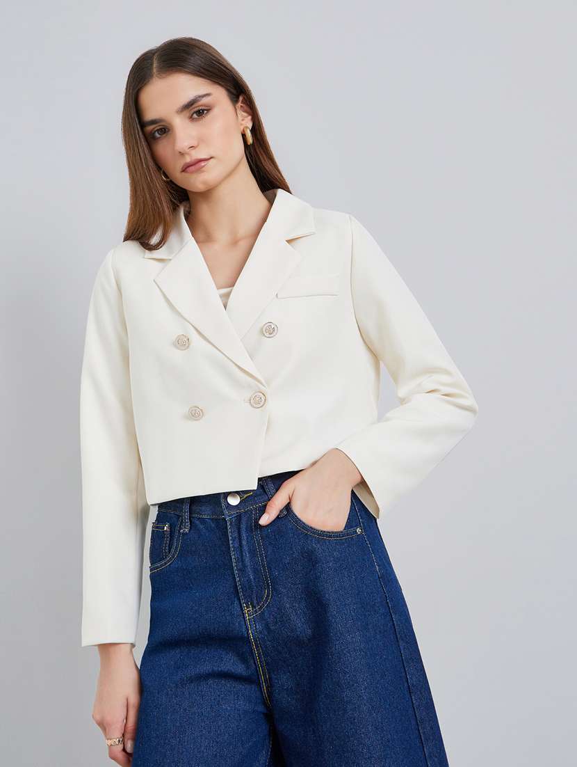 women solid lapel neck long sleeve crop blazer - 22287984 -  Standard Image - 1